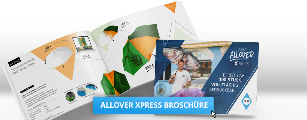 Allover Xpress Broschüre mit einem Button zum öffnen der Broschüre.