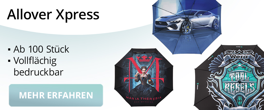Vollflächig bedruckbare Regenschirme ab 100 Stück – Allover Xpress Digitaldruck