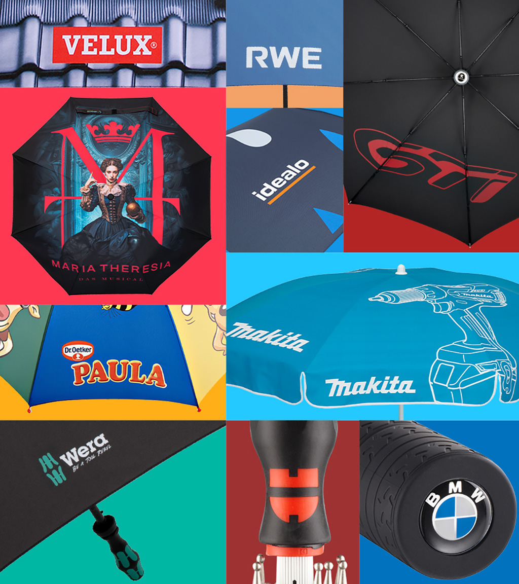 Markenlogos auf veredelten Schirmen in einer Collage
