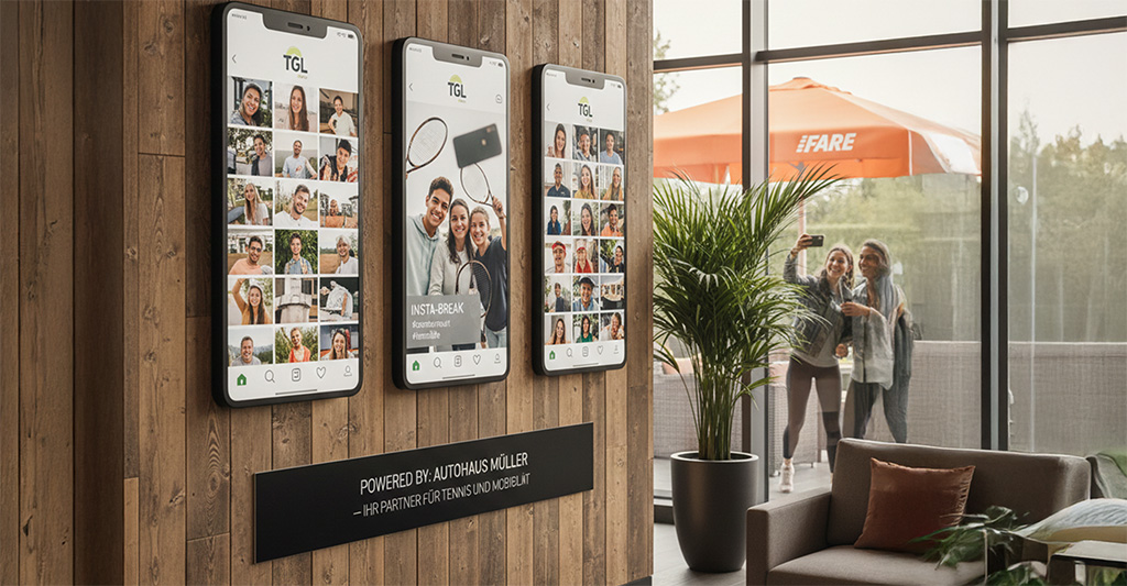 Moderne Social Media Wall im Tennis-Clubhaus mit Sponsoring-Branding.