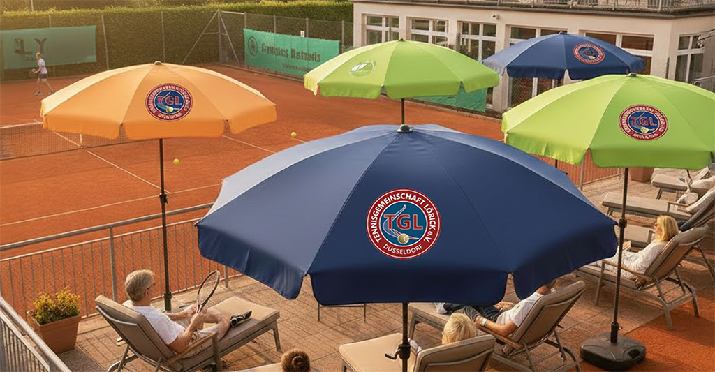 Bedruckte FARE Sonnenschirme als Sponsoring-Fläche auf einer Tennisanlage