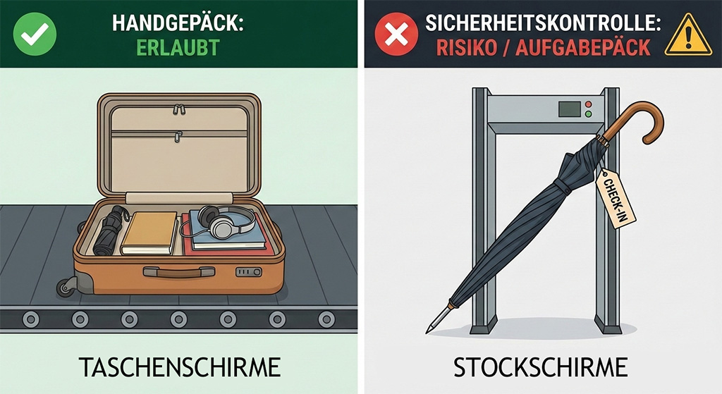 Taschenschirme und Stockschirme am Flughafen