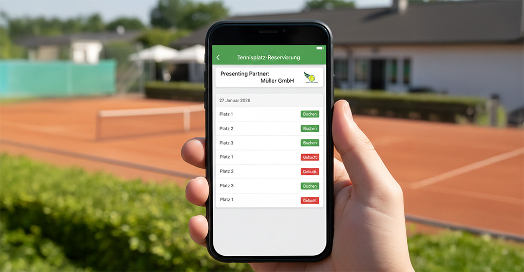 Beispiel für Sponsoring-Einbindung (Presenting Partner) in einer Tennisplatz-Reservierungs-App.