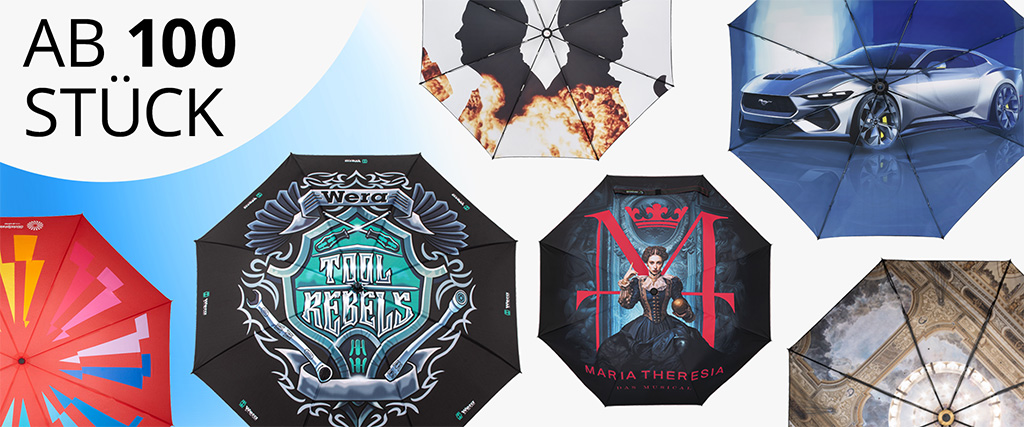 Bildcollage mit individuell bedruckten Schirmen (verschiedene Designs und Fotodrucke); links der Hinweis ‚Ab 100 Stück‘
