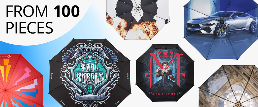 Image collage with individually printed umbrellas (various designs and photo prints); on the left, the note “From 100 pieces”