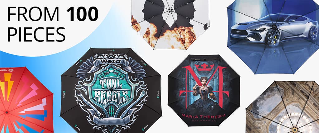 Image collage with individually printed umbrellas (various designs and photo prints); on the left, the note “From 100 pieces”