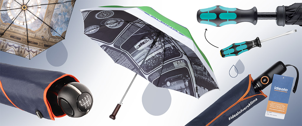 Collage eines bedruckten Automatik-Taschenschirms: geöffneter Schirm mit Fotodruck auf der Innenseite, Detail des Griffs, Schutzhülle und Produktanhänger; daneben Schraubendreher-Symbolik als Hinweis auf Technik/Features