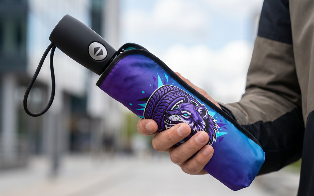 A man is holding a closed pocket umbrella in a purple and blue printed sleeve in his right hand.