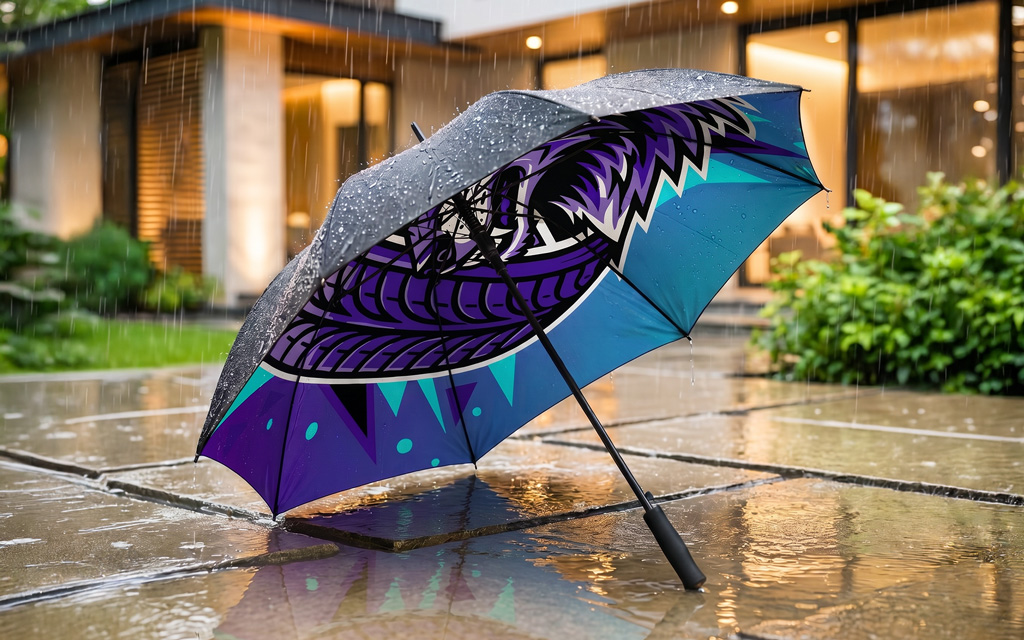 An umbrella with a black print on the outside and a purple and blue pattern printed on the inside.
