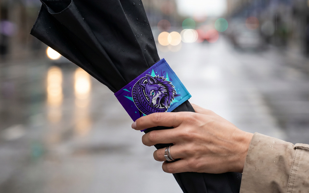 A close-up of a closed black umbrella with a purple and blue printed closing strap, held in a woman’s hand.